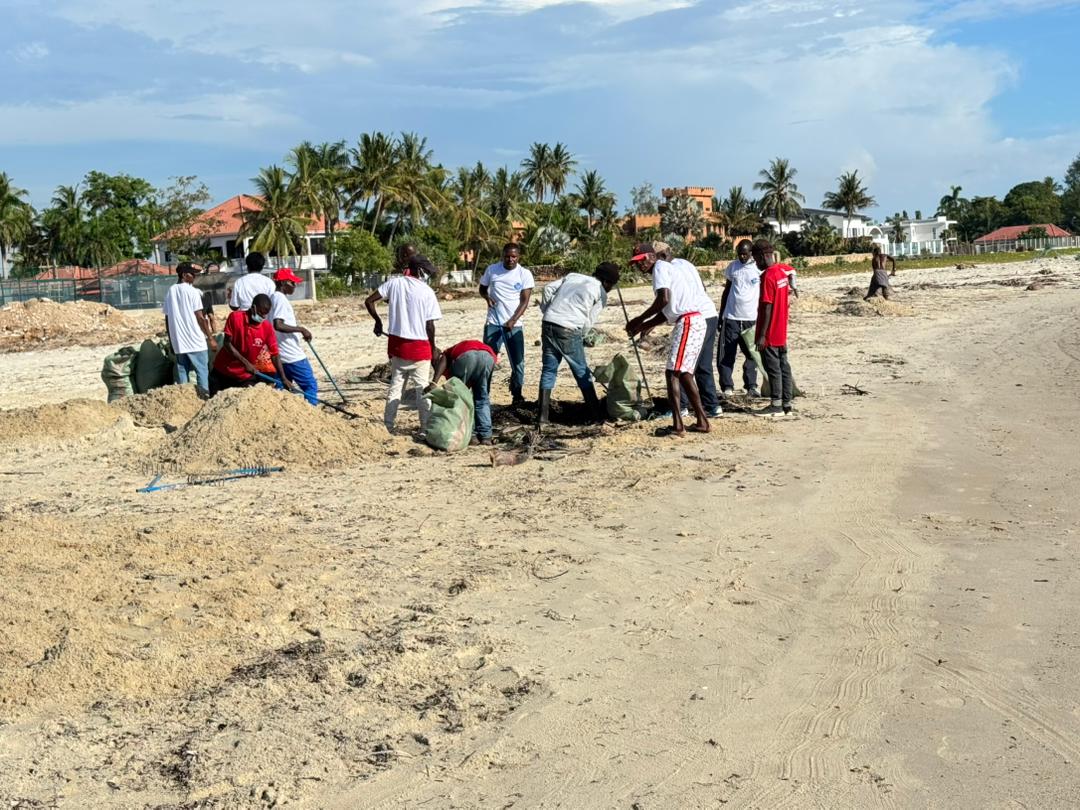 Large volunteer crew digging and cleaning at Rainbow Beach Mbezi Beach A